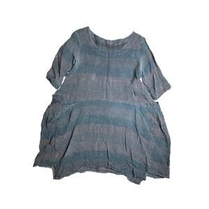 LUUKAA Lagenlook Navy Grey Striped Linen Oversized Tunic Shift Dress Size 6
